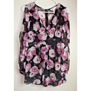 BCBGeneration Womens ROMPER - Size 2 - Black Pink Floral Sheer Sleeves V-Neck